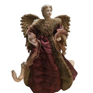 Dan Dee Angel Tree Topper Burgundy Fabric Gold Wings Large 15 Inch Porcelain Dol